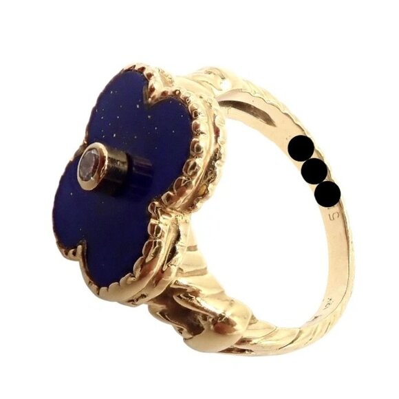 Van Cleef & Arpels Alhambra 18k Yellow Gold Lapis Lazuli Diamond Ring Sz 4 - Picture 12 of 14